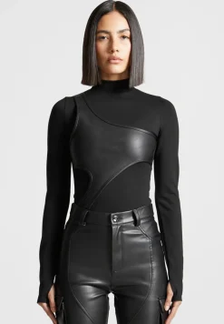 Leather Overlay High Neck Bodysuit
