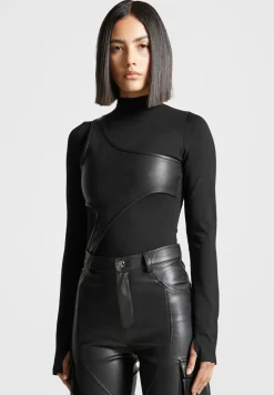 Leather Overlay High Neck Bodysuit
