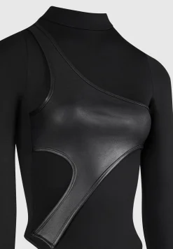 Leather Overlay High Neck Bodysuit