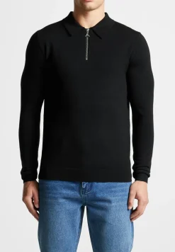 Merino Wool Long Sleeve Polo Top With Zip