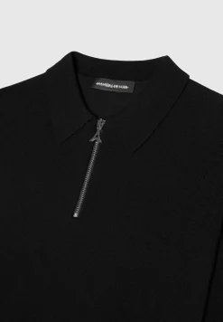 Merino Wool Long Sleeve Polo Top With Zip