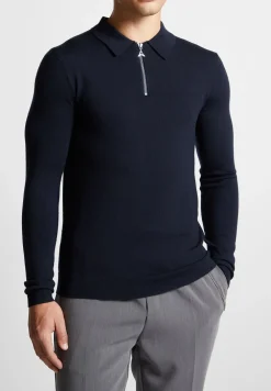 Merino Wool Long Sleeve Polo Top With Zip