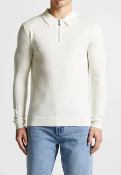 Merino Wool Long Sleeve Polo Top With Zip