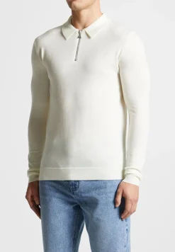 Merino Wool Long Sleeve Polo Top With Zip