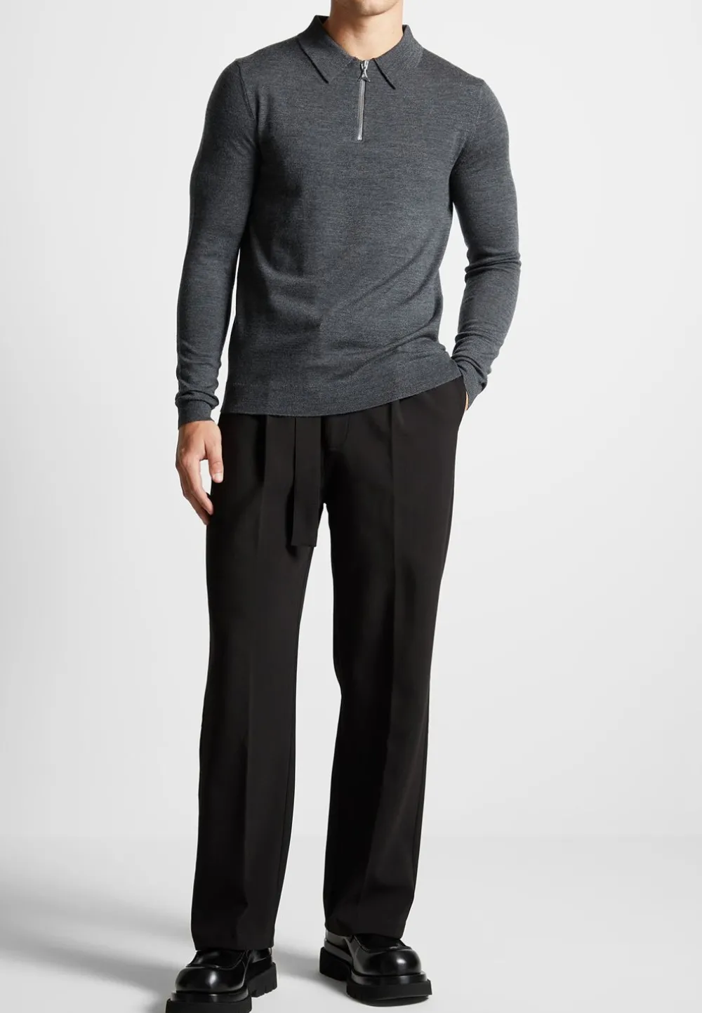 Merino Wool Long Sleeve Polo Top With Zip