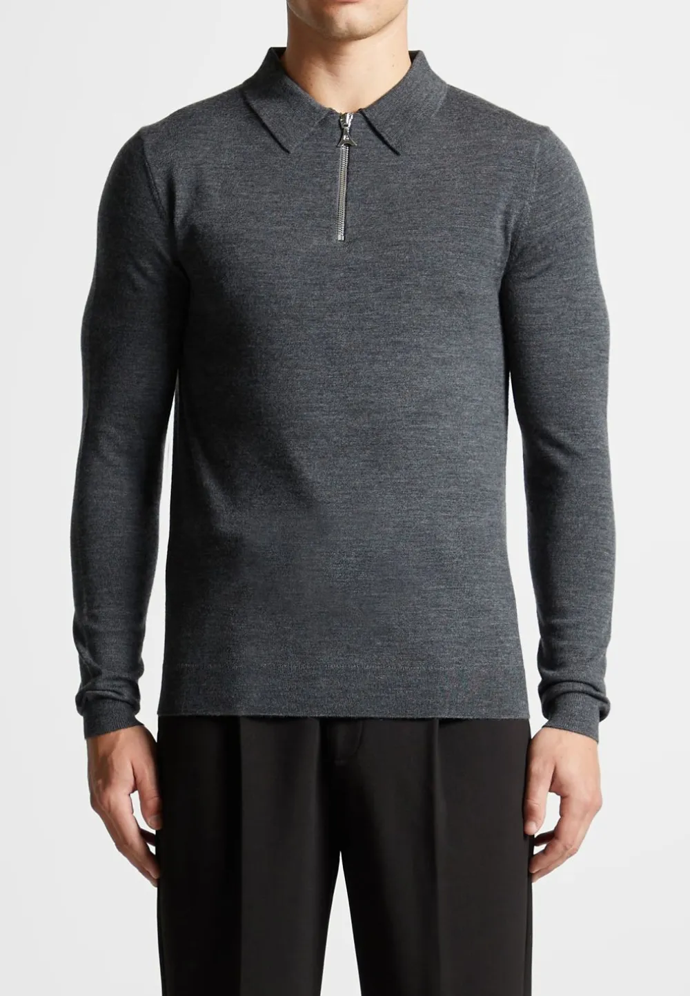 Merino Wool Long Sleeve Polo Top With Zip