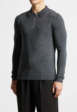 Merino Wool Long Sleeve Polo Top With Zip