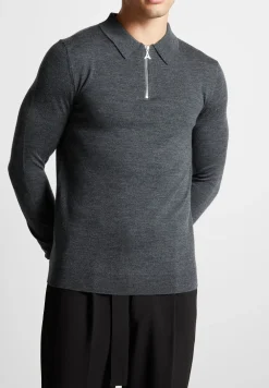 Merino Wool Long Sleeve Polo Top With Zip