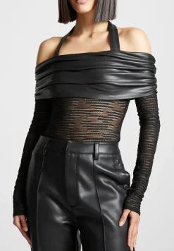 Mesh And Vegan Leather Bardot Bodysuit