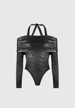 Mesh And Vegan Leather Bardot Bodysuit