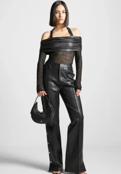 Mesh And Vegan Leather Bardot Bodysuit