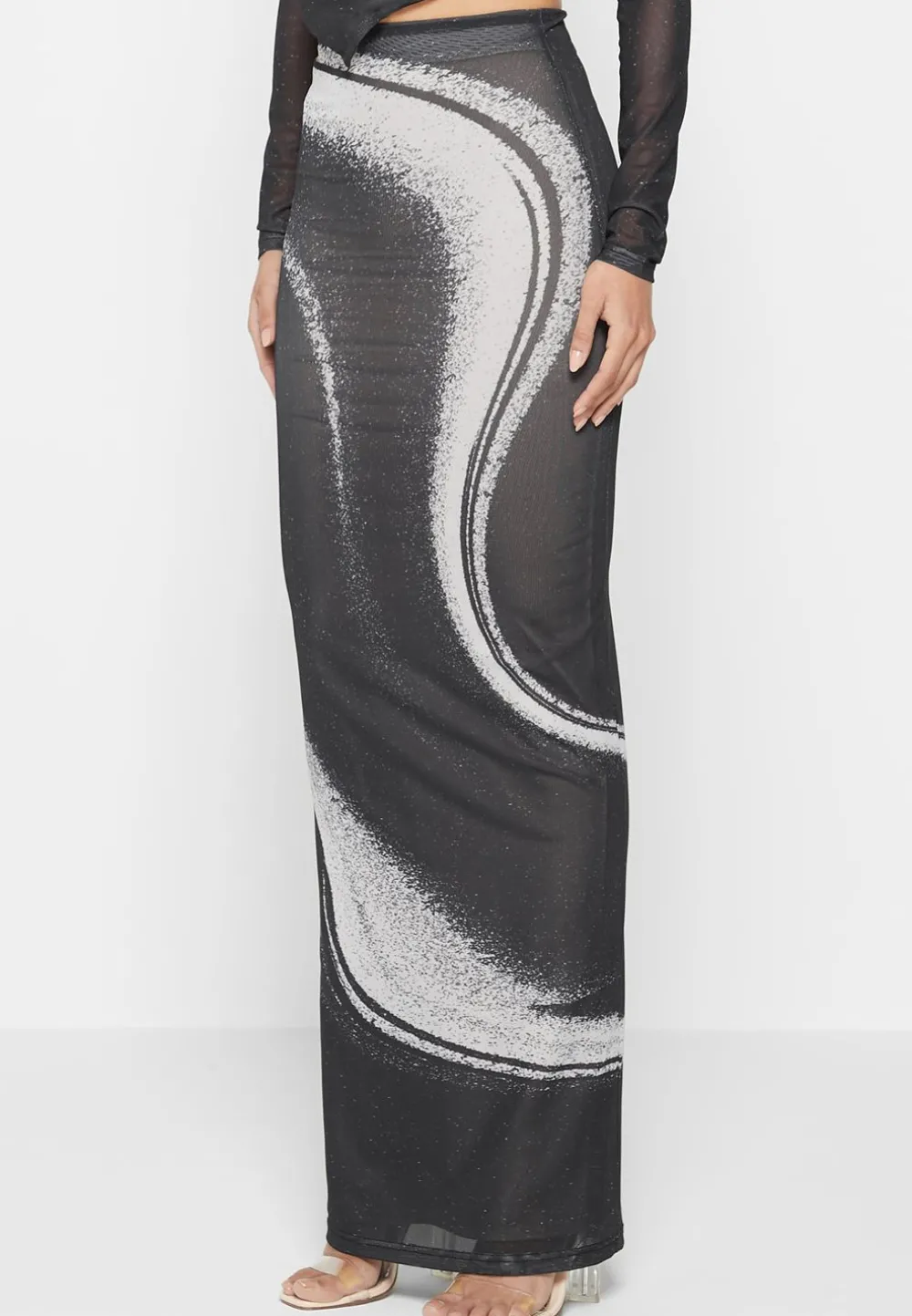 Mesh Printed Maxi Skirt - Black