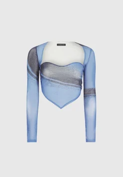 Mesh Printed Top With Sleeve Overlay - Blue