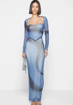 Mesh Printed Top With Sleeve Overlay - Blue