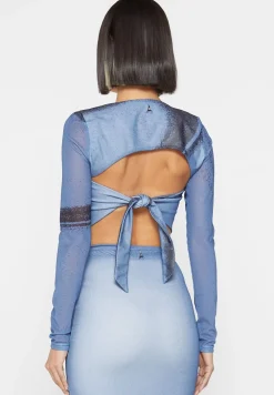 Mesh Printed Top With Sleeve Overlay - Blue