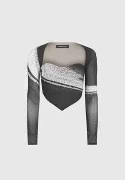 Mesh Printed Top With Sleeve Overlay - Black