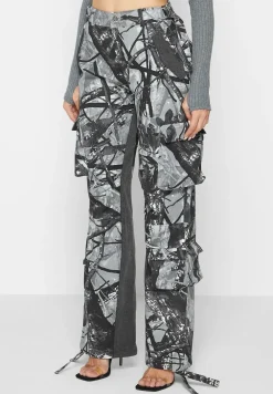 Mid Rise Camo And Denim Cargo Pants