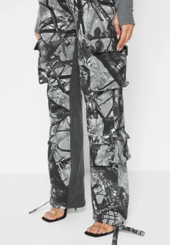 Mid Rise Camo And Denim Cargo Pants
