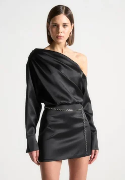 Off Shoulder Draped Satin Mini Dress With Belt