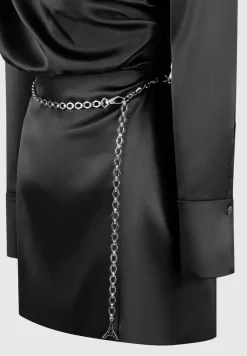 Off Shoulder Draped Satin Mini Dress With Belt