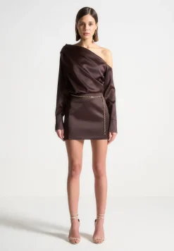 Off Shoulder Draped Satin Mini Dress With Belt