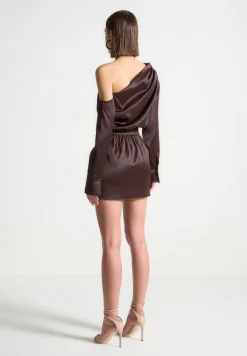 Off Shoulder Draped Satin Mini Dress With Belt