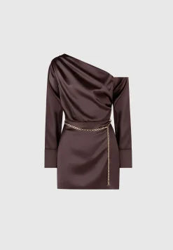 Off Shoulder Draped Satin Mini Dress With Belt