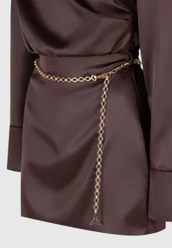 Off Shoulder Draped Satin Mini Dress With Belt