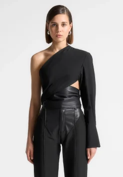 One Sleeve Vegan Leather Wrap Top