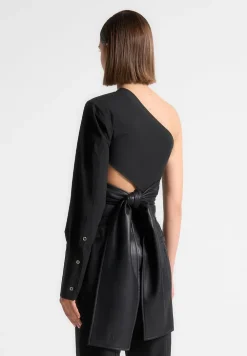 One Sleeve Vegan Leather Wrap Top