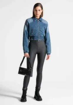 Padded Cropped Denim Bomber Jacket