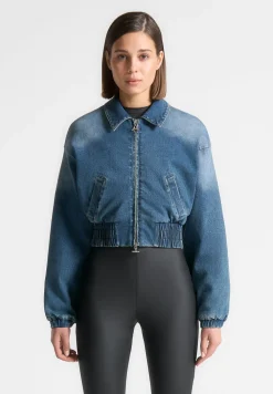 Padded Cropped Denim Bomber Jacket
