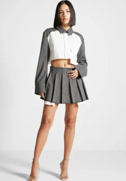 Pinstripe Contrast Cropped Shirt - Grey