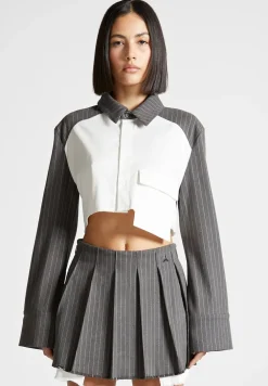 Pinstripe Contrast Cropped Shirt - Grey