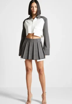 Pinstripe Pleated Skort - Grey Pinstripe