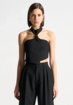 Pinstripe Tie Knot Halter Top