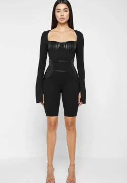 Pleated Vegan Leather & Bandage Playsuit