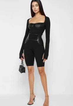 Pleated Vegan Leather & Bandage Playsuit