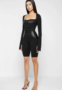 Pleated Vegan Leather & Bandage Playsuit
