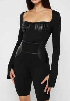 Pleated Vegan Leather & Bandage Playsuit