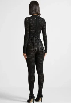 Pointelle Knit Long Sleeve Jumpsuit With Belt