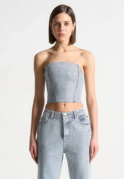 Rhinestone Eiffel Denim Bandeau Corset Top