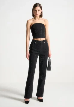 Rhinestone Eiffel Denim Bandeau Corset Top