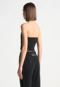 Rhinestone Eiffel Denim Bandeau Corset Top