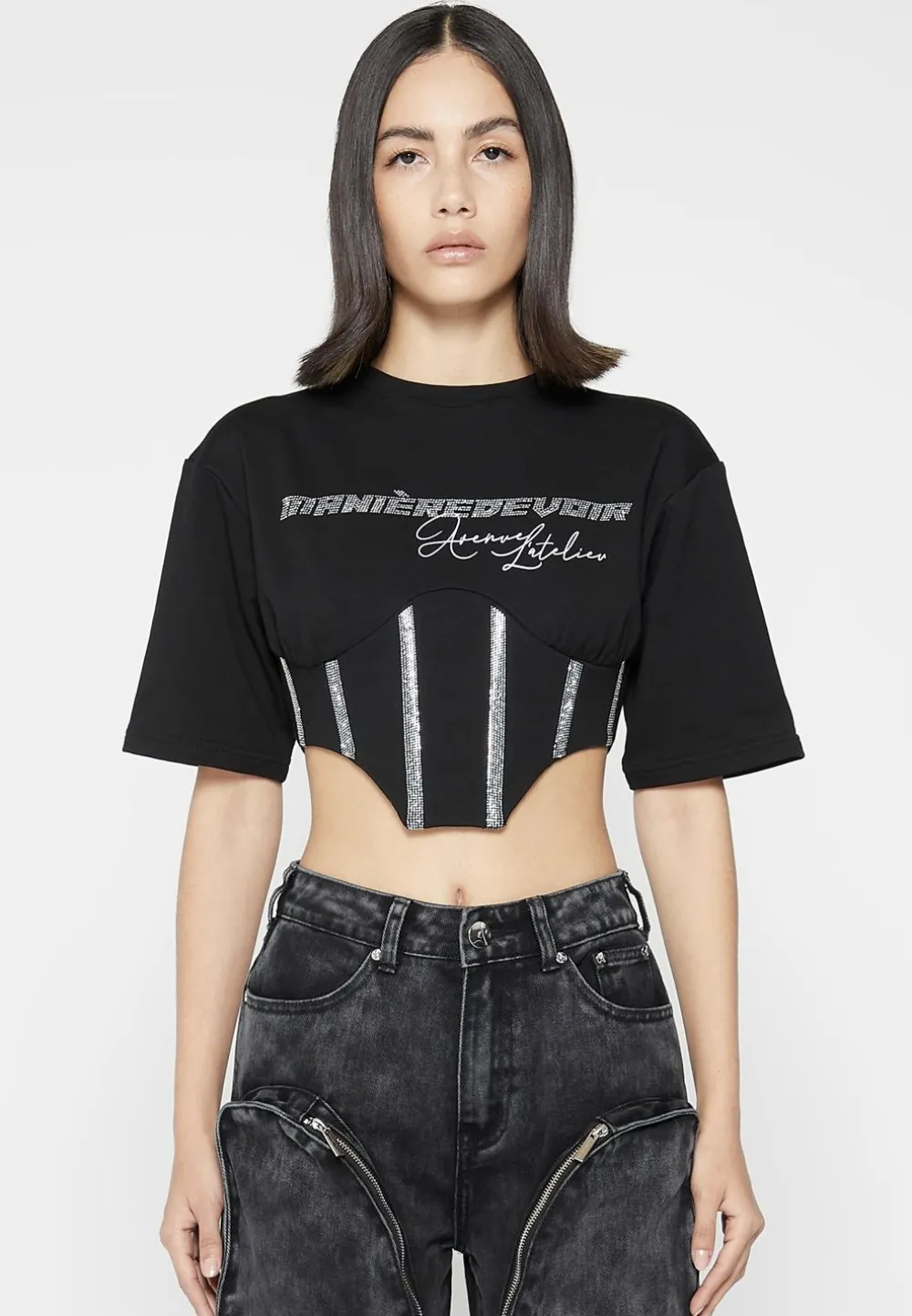 Rhinestone Lace Up Corset T-Shirt