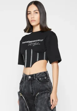 Rhinestone Lace Up Corset T-Shirt