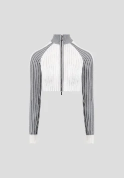 Rib Knit Track Jacket - Off White/Grey