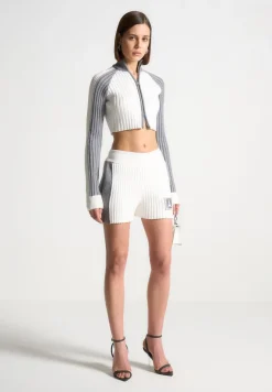 Rib Knit Track Shorts - Off White/Grey