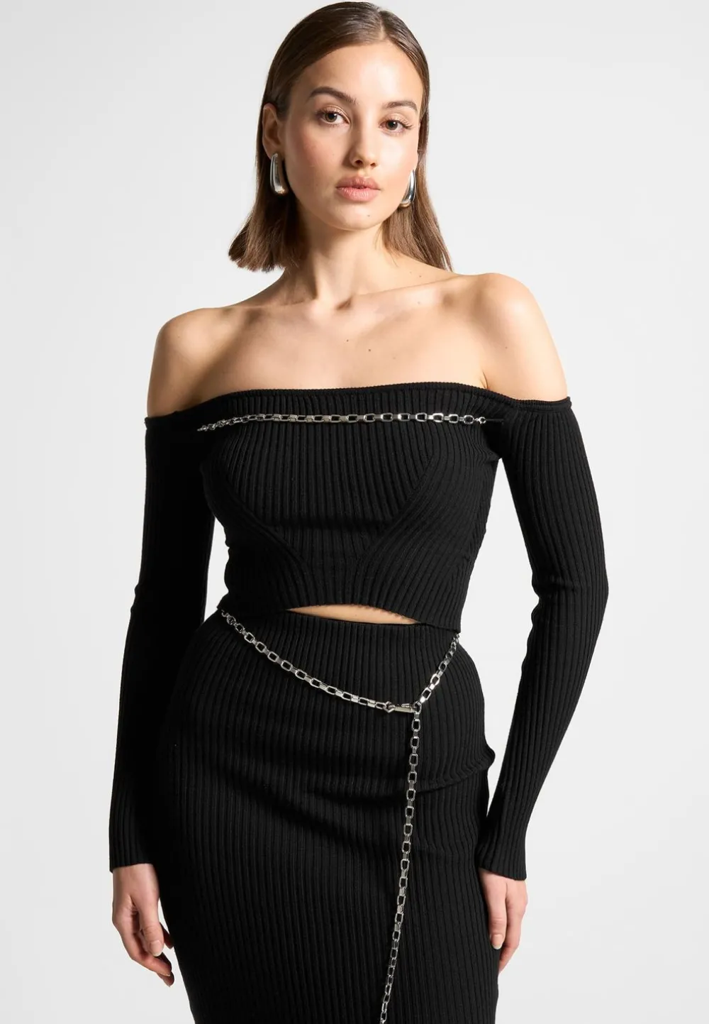 Ribbed Knit Bardot Crop Top With Chain