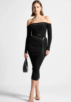 Ribbed Knit Bardot Crop Top With Chain